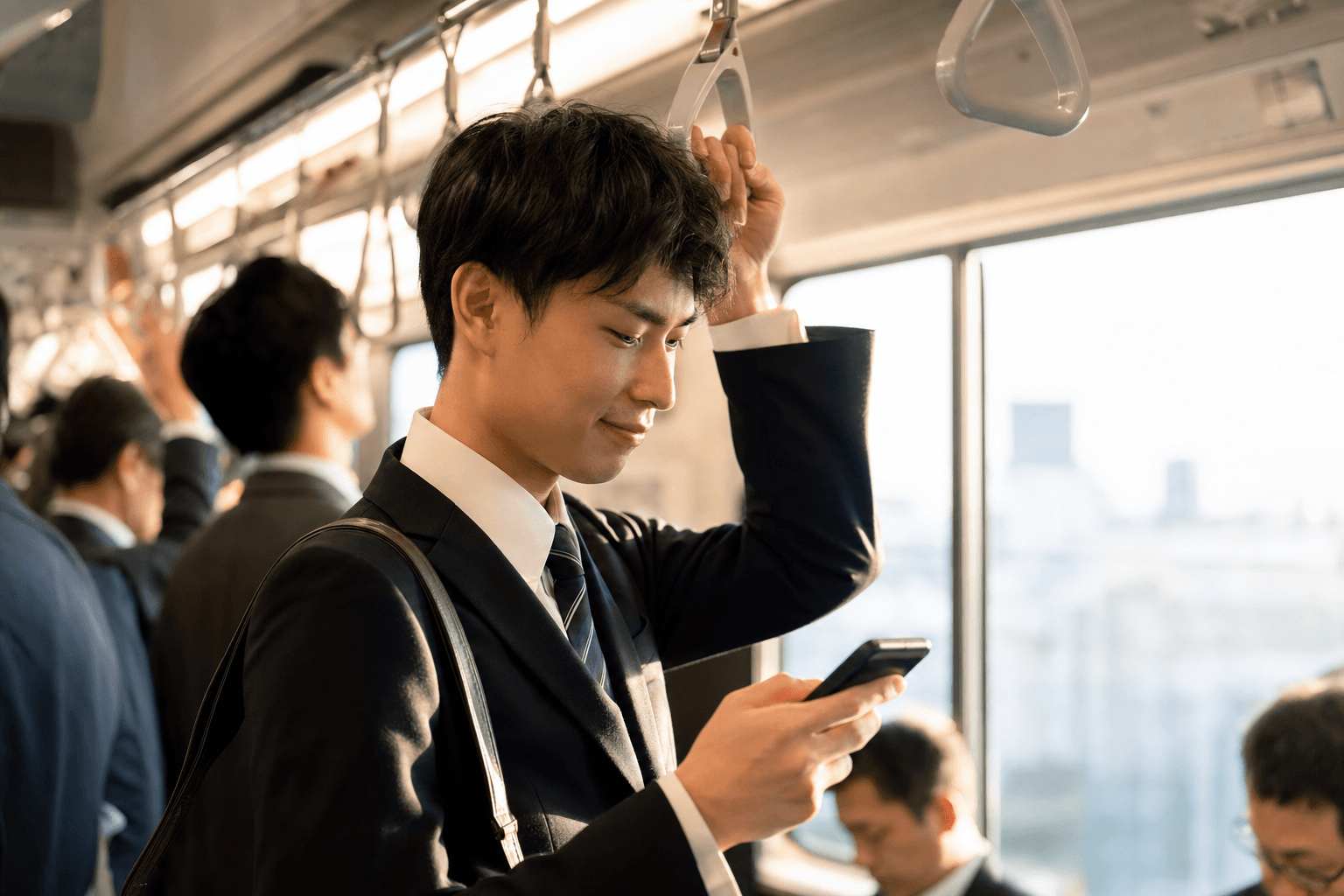通勤電車の中でスマホ学習する社員