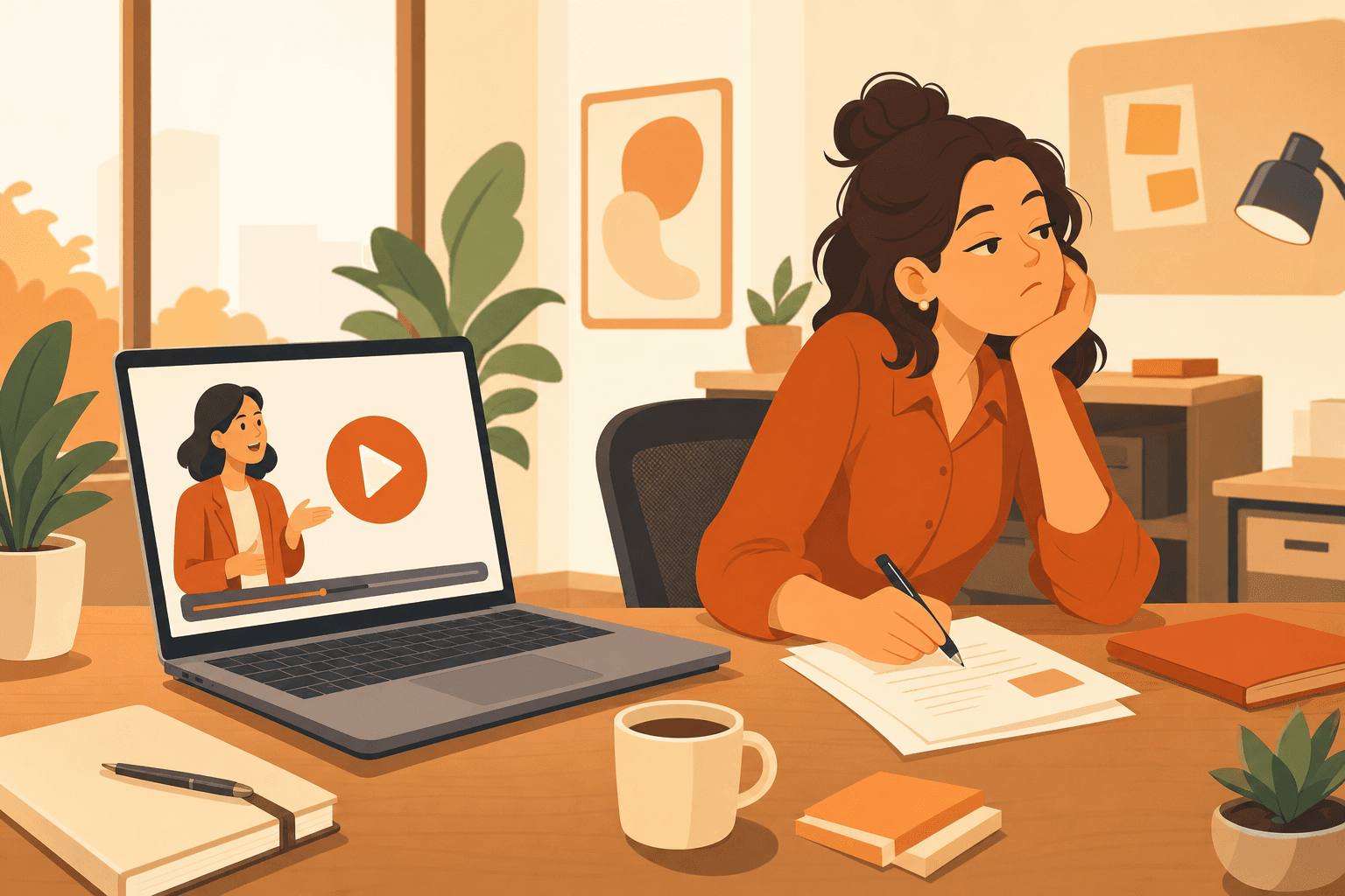 動画研修を流し見しながら別の作業をする社員のイラスト