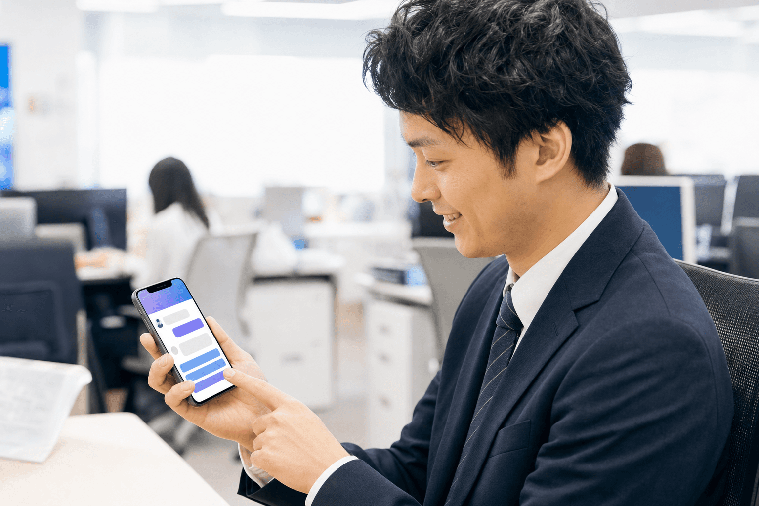 スマホでチャットに答えながら、楽しそうに学習する社員
