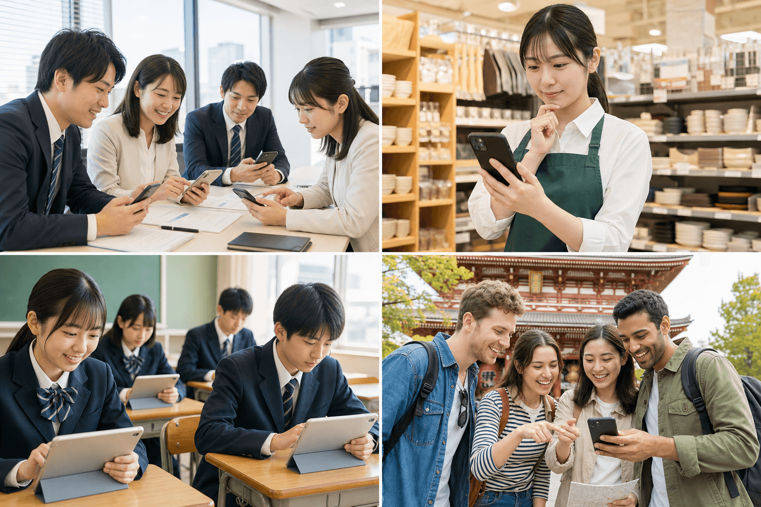 オフィス研修・店舗・学校・観光地など多様な活用シーンのコラージュ